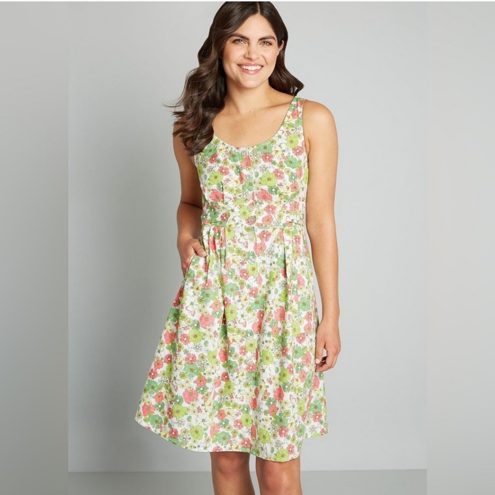 Modcloth Seeking Out Sunshine Floral Linen Blend Button Down A-line Shirt Dress